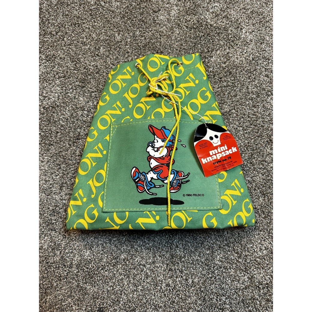 Vintage 1980 Feldco Knapsack Mini‎ Backpack Jog On! Small Bag Baby Running Green